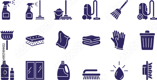 Boutique Household Hygiene and Lifestyle Cleaning Icon Set in Deep Purple and Lavender featuring Professional Vacuuming, Hand Washing, and Home Sanitation