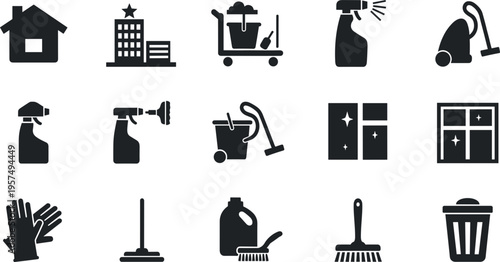 Commercial Facility Cleaning and Housekeeping Icon Set featuring Hotel Service, Window Cleaning, Janitorial Carts, Vacuum Cleaners, and Sanitation Supplies