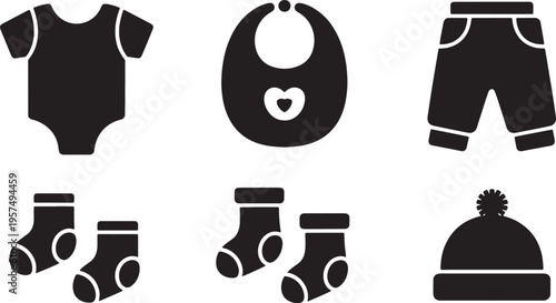 Baby clothing icons collection including bodysuit bib pants socks and winter hat for nursery design. Vector illustration