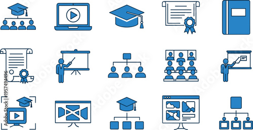 Comprehensive E-learning and Online Education Icon Set featuring Digital Classrooms, Webinars, Graduation Caps, Diplomas, and Academic Management Tools