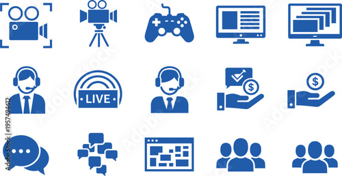 Live Streaming and Digital Content Creator Icon Set featuring Video Cameras, Gaming Controllers, Community Chat, and Streamer Production Tools