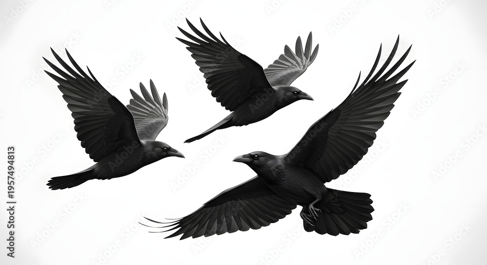 Fototapeta premium Three black birds flying in formation against a white sky