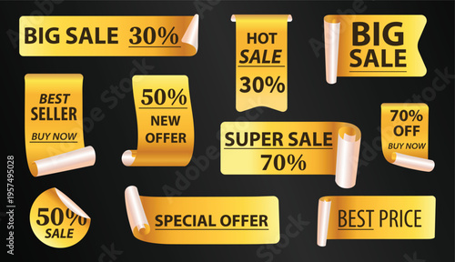 Golden sale stickers set with discount labels vector illustration