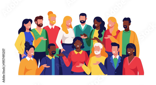 Diverse Group of Smiling People Illustration: A Multicultural Community Team Standing Together on a White Background