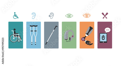 Comprehensive Accessibility & Disability Icons: Wheelchair, Crutches, Cane, Hearing Aid, Prosthetic, and Communication Symbols for Diverse Needs
