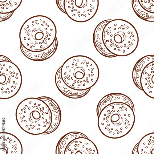 Seamless pattern of a bagel cut in half for a sandwich on white background