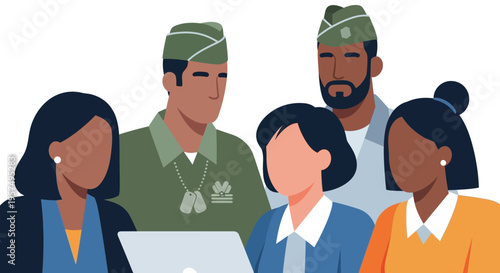 Diverse Group of Veterans and Civilian Professionals Collaborating on Laptop - Military Transition & Workforce Integration