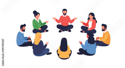 Diverse Group of People Sitting in a Circle, Engaged in Discussion or Therapy. Modern Flat Vector Illustration of Community, Team Collaboration, or Support Group Meeting.