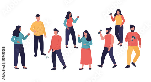 Diverse Modern People Engaging with Fidget Toys: Flat Design Illustration for Stress Relief, Focus & Mental Wellness