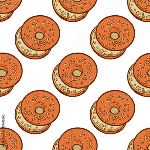 Seamless pattern of a bagel cut in half for a sandwich color variation on white background