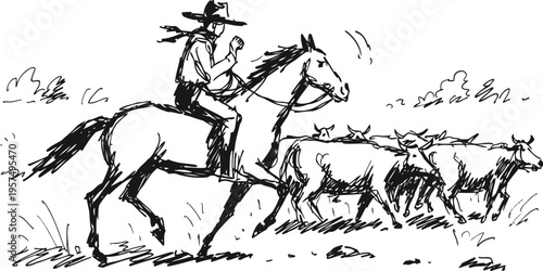 Cowboy riding horse herding cattle on pasture in western ranch scene