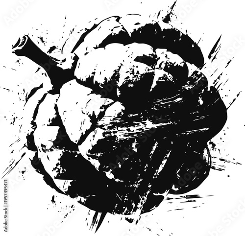black ink artichoke illustration with grunge splatter effect isolated on white background