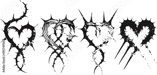Black thorn heart silhouettes set of four jagged crown of thorns shaped hearts grunge tattoo design elements with spike and sharp nails decoration