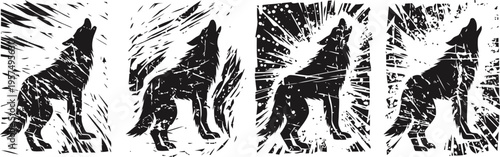 black wolf silhouettes with dynamic radial backgrounds in vintage grunge