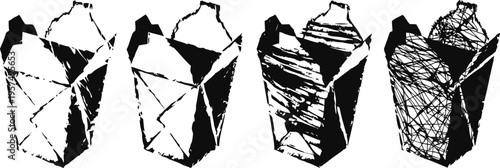 Abstract black and white geometric shapes with sharp edges and fragmented forms in progression