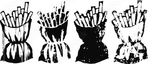 Four hand drawn black and white bags filled with french fries illustration crispy fried potato fast food snack