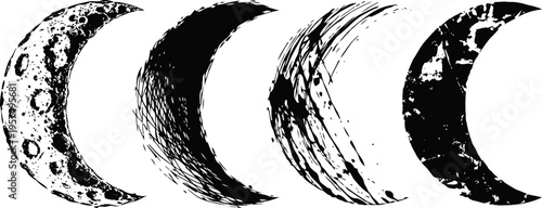 Phases of the moon illustration crescent, waxing, waning, and full moon in detailed black and white sketch