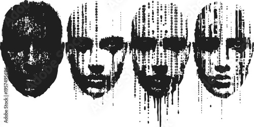 abstract digital faces with glitch effect in black and white, futuristic technology and identity concept