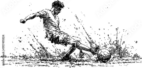 Soccer player kicking ball on wet muddy field splash, dynamic sport action sketch drawing