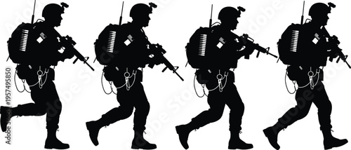 Silhouette soldiers running with rifles, helmets, backpacks, and tactical gear, military illustration representing combat readiness, armed forces action, discipline, and defense operation design th