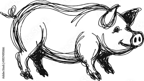 Sketch of happy pig walking with curled tail and playful expression in black ink drawing