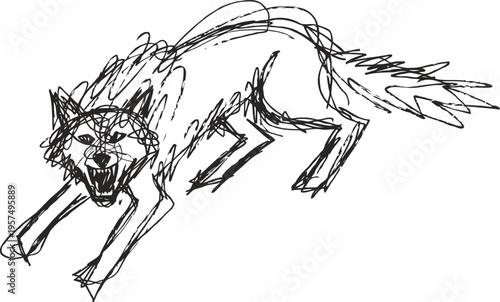 aggressive snarling wolf mid leap with bared teeth in sketch illustration