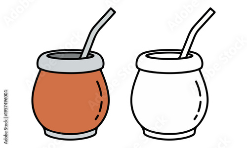 Yerba Mate Gourd and Bombilla Line Art and Color Icon Set