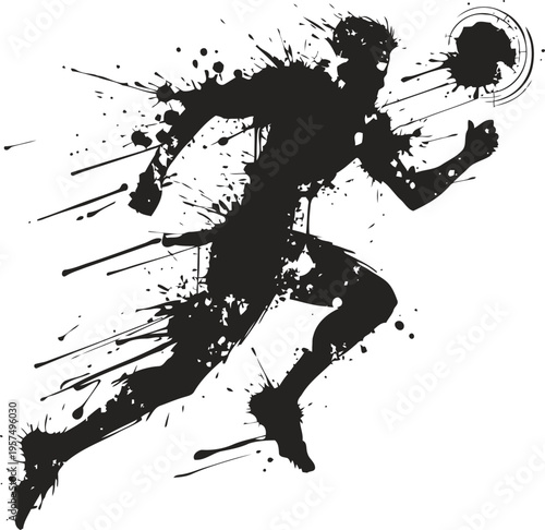 Dynamic runner silhouette with paint splashes and abstract motion effect, athletic speed concept