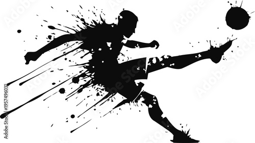 Dynamic soccer player silhouette kicking soccer ball with artistic splatter paint effect
