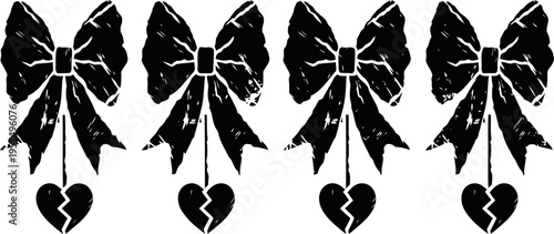 set of four vintage black bows with hanging broken hearts, grunge illustration