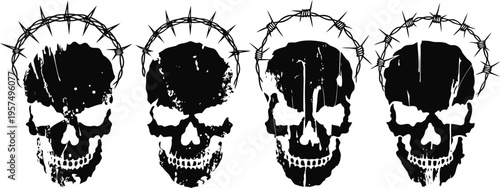 Four black skulls with crown of thorns on transparent background, dark gothic horror symbol