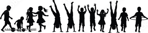 Active children silhouette collection featuring boys and girls playing football, doing handstands, hula hooping, and dancing for childhood, sports, and education.