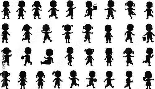 Cute children silhouette collection featuring little boys and girls playing, running, jumping, and standing in various active poses for childhood, education,  creative design projects.