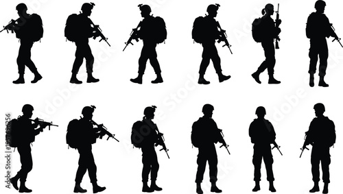 Military soldier silhouette collection with tactical gear, assault rifles, , featuring professional infantry army personnel standing and walking in  combat mission concepts on isolated background.