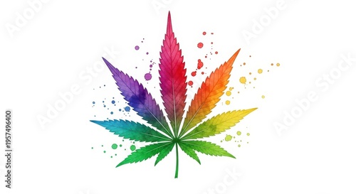 A vibrant cannabis leaf with a rainbow gradient and colorful splatter effects