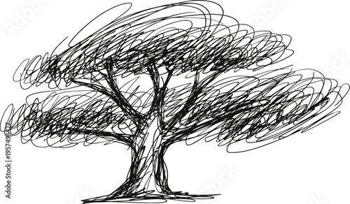 Abstract hand drawn tree sketch with dense rounded canopy and textured trunk in black ink