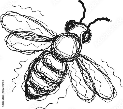 hand drawn abstract bee sketch with dynamic scribble lines and textured wings