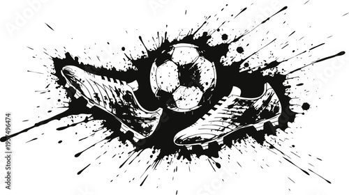 Soccer ball and cleats splash art grunge ink splatter effect with football boots and ball sports equipment dynamic illustration