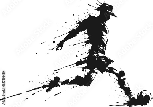 Dynamic soccer player silhouette kicking ball with artistic ink splash effect