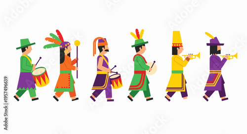 Colorful Mardi Gras Parade with Musicians and Drummers.