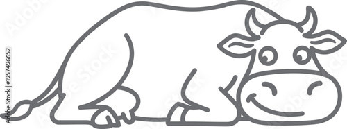 A happy cow lying down with a smiley face and a peaceful expression in a simple line drawing style