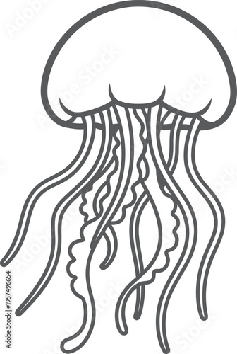 A black and white line drawing of a jellyfish with a large bell and long tentacles swimming in the ocean