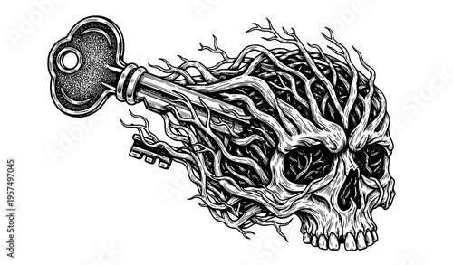 Key Transforming into Root Skull Dark Fantasy Black and White Vector Illustration