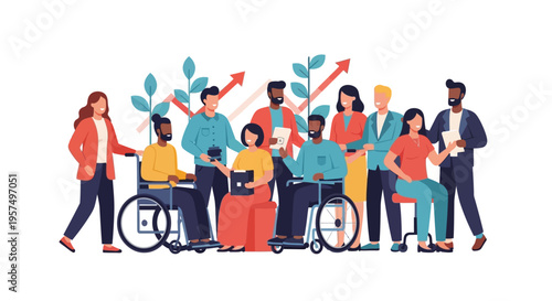 Diverse and Inclusive Business Team Achieving Growth. Professionals with Disabilities Collaborating for Success in an Equitable Workplace Illustration.
