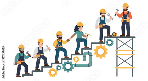 Diverse Construction Team Climbing Success Ladder: Teamwork & Development