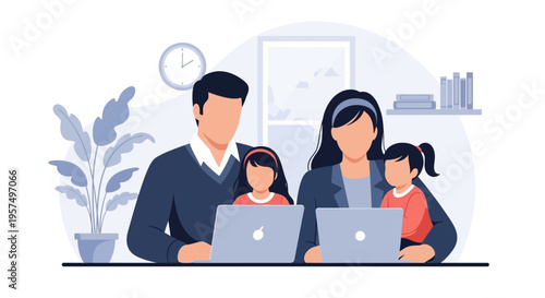 Remote Work Family: Parents and Children Working and Learning from Home with Laptops