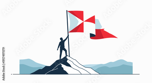 Man plants flag on mountain peak symbolizing achievement and success.