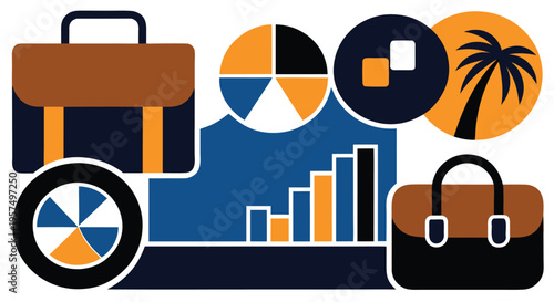 Business and finance concept represented by various icons including briefcase, charts, and palm tree
