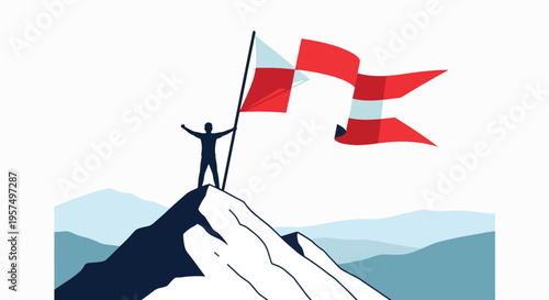 Silhouette of a person standing on a mountain peak holding a flag.