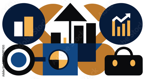 Abstract business concept with financial charts, upward arrow, and briefcase